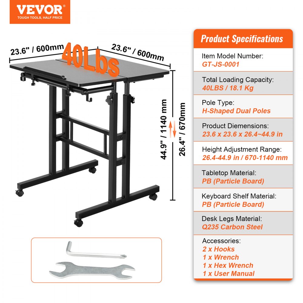Mobile Standing Desk, 26.4"-44.9" Gas-Spring Height Adjustable Sit-Stand Desk